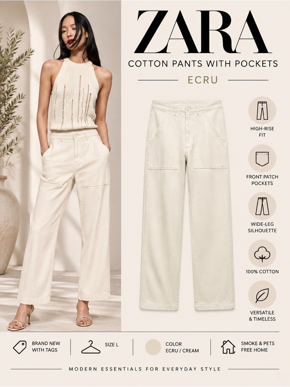 ZARA Ecru Cotton Utility Pants NWT Size L High Rise Cropped Wide Leg